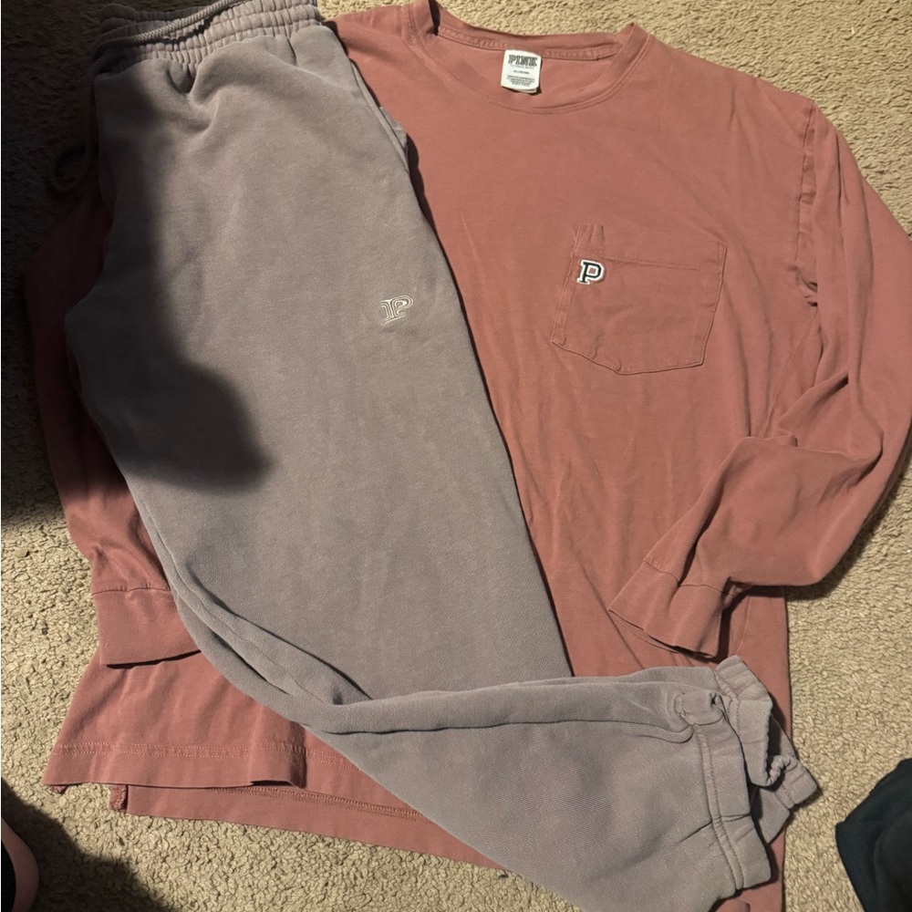 PINK Victoria's Secret Mauve Shirt and Taupe Sweatpants Set